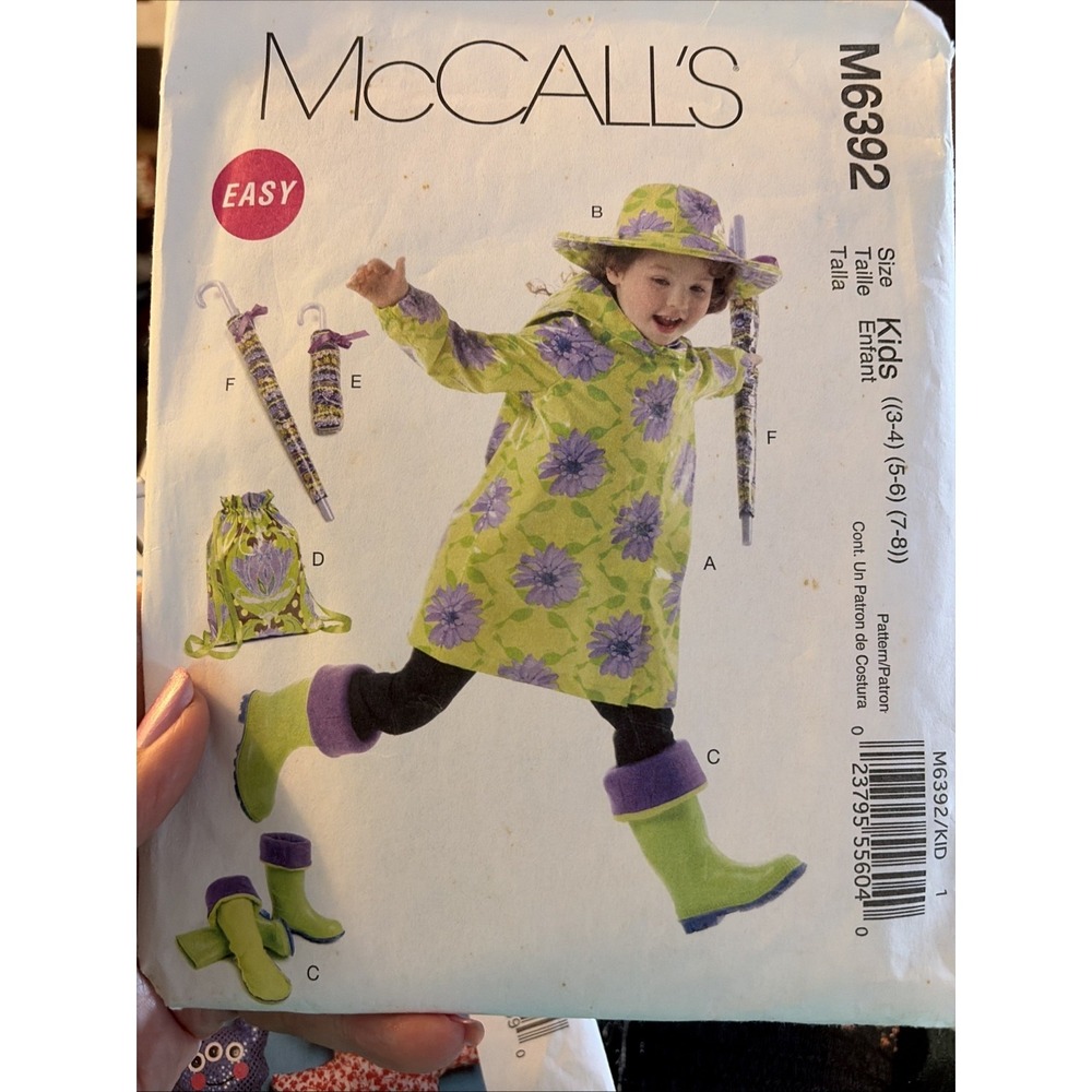 McCall's Pattern #6392 ~ Rain Coat Boot Liners Hat Bag ~ Child 3 4 5 6 7 8 Cut